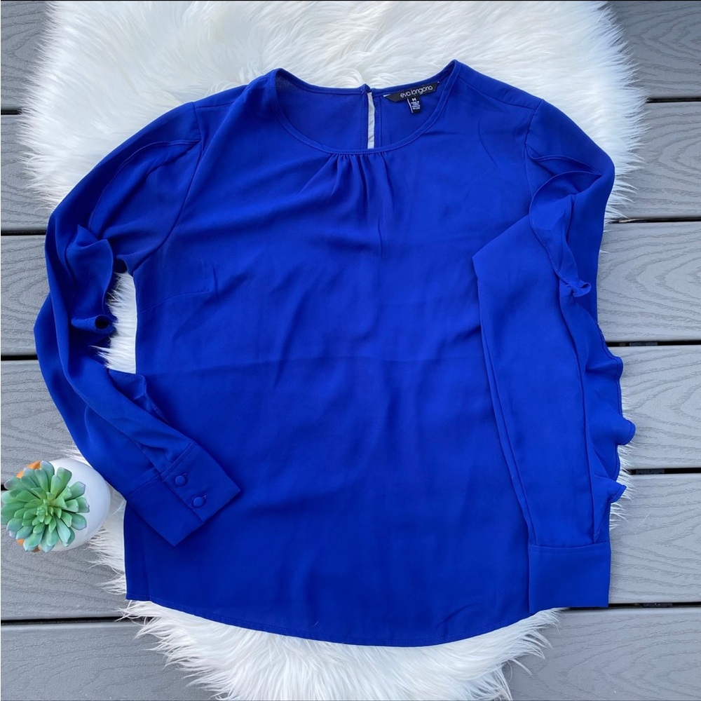 Eva Longoria Blue Ruffle Sleeve Blouse
